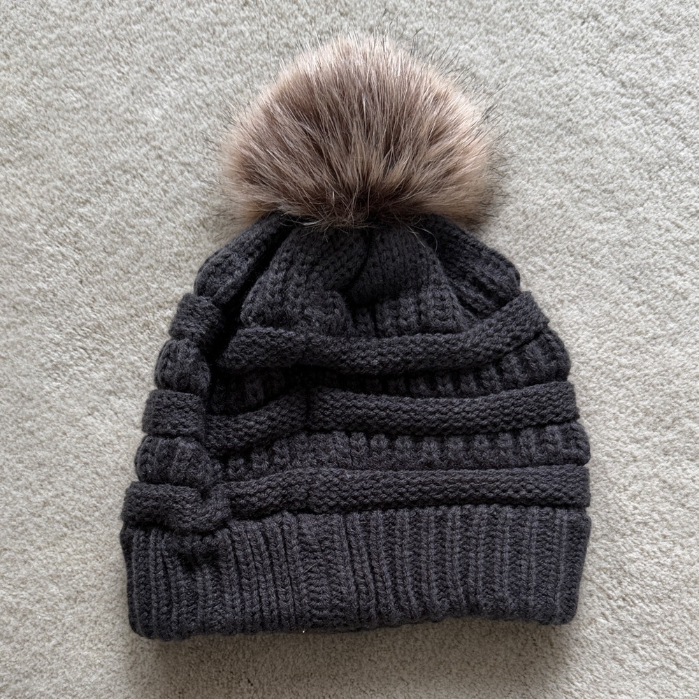 C.C Black Knit Beanie with Faux Fur Pom - Picture 2 of 3